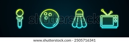 Set line Joystick for arcade machine, Bowling ball, Badminton shuttlecock and Retro tv. Glowing neon icon. Vector