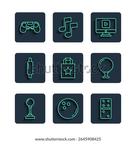 Set line Joystick for arcade machine, Bowling ball, Domino, Online play video, Paper shopping bag, Rolling, Gamepad and Golf on tee icon. Vector