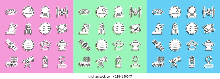 Set line Joystick, UFO flying spaceship, Satellites orbiting the planet, Astronaut helmet, Rocket, dish, Comet falling down fast and Planet icon. Vector