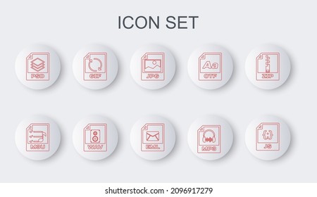 Set line JS file document, M3U, JPG, MP3, PSD, GIF, WAV and EML icon. Vector