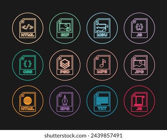 Set line JS file document, JPG, M3U, PSD, CSS, HTML, MP3 and GIF icon. Vector