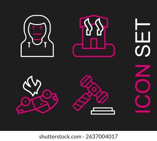 Set line Judge gavel, Burning car, Arson home and Thief mask icon. Vector