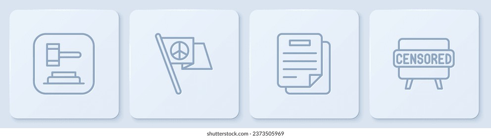 Set line Judge gavel, Document, Peace and Censored stamp. White square button. Vector