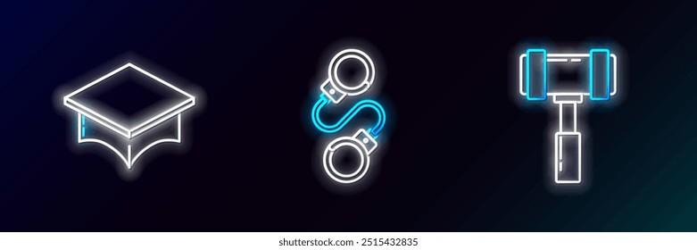 Set line Judge gavel, Graduation cap and Handcuffs icon. Glowing neon. Vector