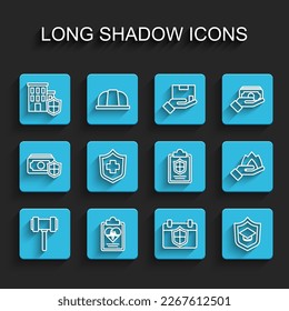 Set line Judge gavel, Health insurance, House with shield, Calendar, Graduation cap, Hand holding fire and Document icon. Vector