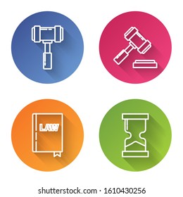 Set line Judge gavel, Judge gavel, Law book and Old hourglass. Color circle button. Vector