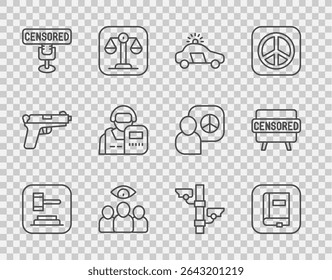 Definir linha Juiz martelo, Livro de Direito, Carro de polícia e flasher, Espião, agente, Carimbo censurado, oficial, Câmera de segurança e ícone. Vetor