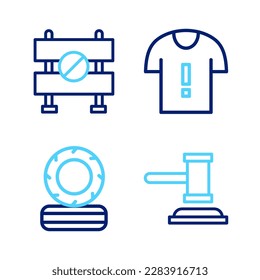 Set line Judge gavel, Lying burning tires, T-shirt protest and Road barrier icon. Vector