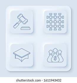 Set line Judge gavel, Prison window, Graduation cap and Money bag. White square button. Vector