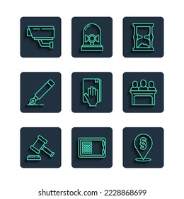 Set line Judge gavel, Safe, Location law, Old hourglass, Oath the Holy Bible, Fountain pen nib, Security camera and Jurors icon. Vector