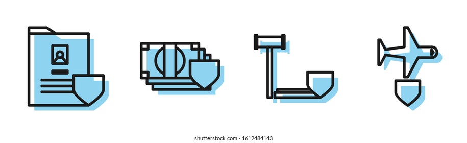 Set line Judge gavel with shield, Document with shield, Money with shield and Plane with shield icon. Vector