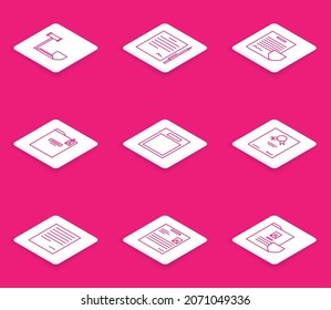 Set line Judge gavel with shield, Contract pen, Personal folder, Empty form, Certificate template, Document and document icon. Vector