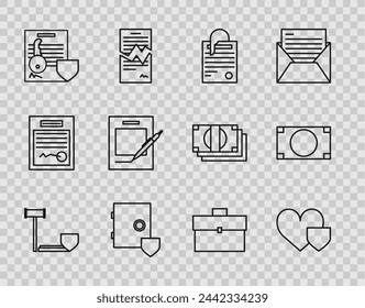 Set line Judge gavel with shield, Heart, File document and paper clip, Safe, Document key, Blank notebook pen, Briefcase and Stacks money cash icon. Vector