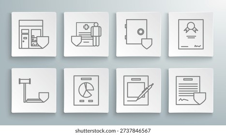 Set line Judge gavel with shield, Medical clipboard clinical record, Document graph chart, Blank notebook and pen, Contract, Safe, Certificate template and Shopping building icon. Vector