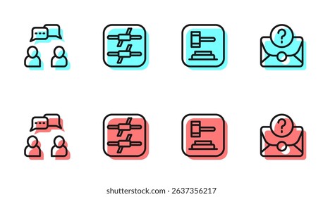 Set line Judge gavel, Speech bubble chat, Barbed wire and Envelope with question mark icon. Vector