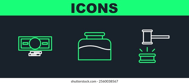 Set line Judge gavel, Stacks paper money cash and Inkwell icon. Vector
