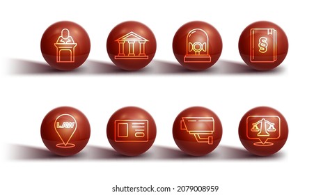 Set line Judge, Location law, Law book, Security camera, Identification badge, Courthouse building, Scales of justice and Flasher siren icon. Vector