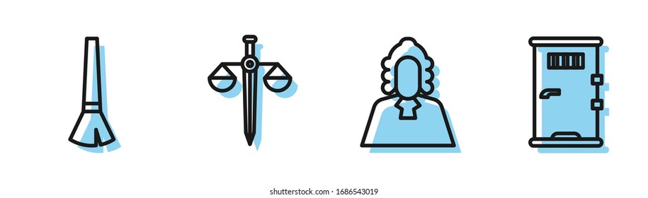 Fije la línea Juez, Pincel de pintura, Escala de justicia e icono de puerta de celda de prisión. Vector