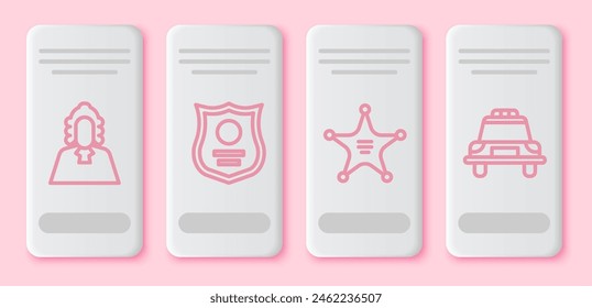 Set line Judge, Police badge, Hexagram sheriff and Police car and flasher. White rectangle button. Vector