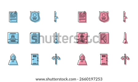 Set line Judge, Prison cell door, Lawsuit paper, Scales of justice, The arrest warrant, Paint brush, Wanted poster and Police badge icon. Vector