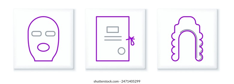 Set line Judge wig, Thief mask and Lawsuit paper icon. Vector