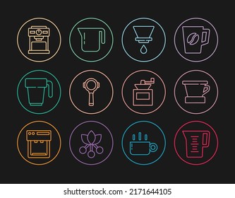 Set line Jug glass with water, V60 coffee maker, Coffee filter holder, cup, machine, Manual grinder and pot icon. Vector