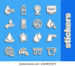 Set line Jug glass with water, Water tap, Drop and magnifying, drop location, cooler, Washing hands soap, Recycle clean aqua and  icon. Vector