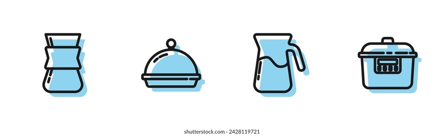 Set line Jug glass with water, Coffee turk, Covered tray food and Slow cooker icon. Vector