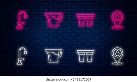 Fije la línea de vidrio de jarra con agua, filtro de agua, grifo y ubicación de la gota. Icono de neón brillante en la pared de ladrillo. Vector