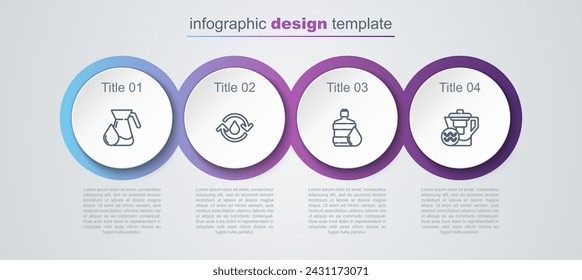 Set line Jug glass with water, Recycle clean aqua, Big bottle and Water jug filter. Business infographic template. Vector