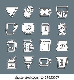 Set line Jug glass with water, Bag of coffee beans, Location, Coffee pot, cup, paper filter and  icon. Vector