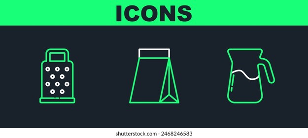 Set line Jug glass with water, Grater and Bag of coffee beans icon. Vector
