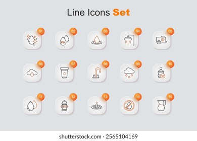 Set line Jug glass with water, Water drop forbidden, Fire hydrant, Big bottle clean, Cloud rain and tap icon. Vector