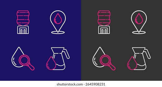 Set line Jug glass with water, Drop and magnifying, Water drop location and cooler icon. Vector