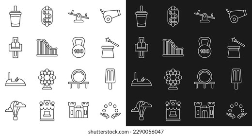 Set line Juggling ball, Ice cream, Magic hat and wand, Seesaw, Roller coaster, Attraction carousel, Paper glass with water and Weight icon. Vector