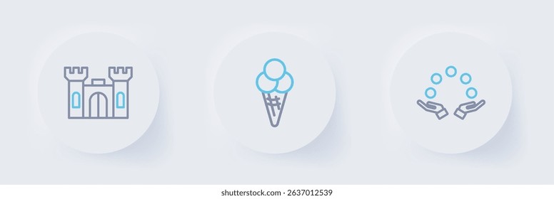 Set line Juggling ball, Ice cream waffle cone and Castle icon. Vector