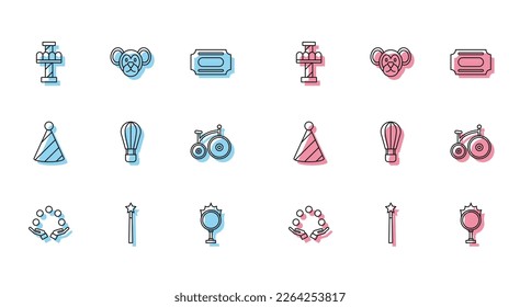 Set line Juggling ball, Magic wand, Attraction carousel, Circus fire hoop, Hot air balloon, Vintage bicycle, Party hat and Monkey icon. Vector