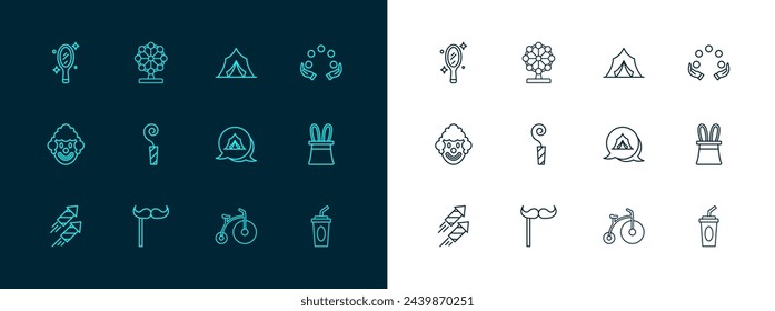 Set line Juggling ball, Paper mustache on stick, Circus tent, Vintage bicycle, Birthday party horn, Magic hand mirror and Ferris wheel icon. Vector