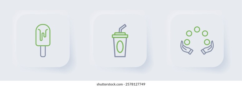 Set line Juggling ball, Paper glass with water and Ice cream icon. Vector