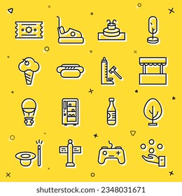 Set line Juggling ball, Tree, Ticket box office, Fountain, Hotdog, Ice cream waffle cone,  and Striker attraction with hammer icon. Vector