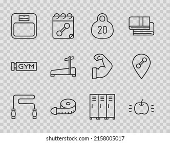 Set line Jump rope, Apple, Kettlebell, Tape measure, Bathroom scales, Treadmill machine, Locker or changing and Location gym icon. Vector