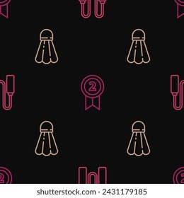 Set line Jump rope, Badminton shuttlecock and Medal on seamless pattern. Vector