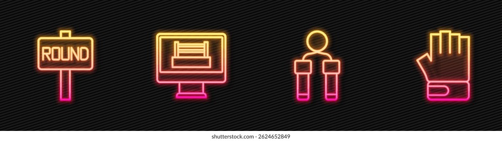 Set line Jump rope, Boxing ring board,  and MMA glove. Glowing neon icon. Vector