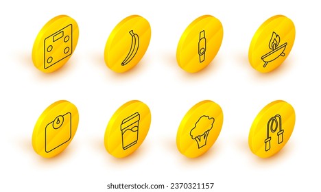 Set line Jump rope, Broccoli, Glass with water, Bathroom scales, Aroma candle, Smartwatch, Banana and  icon. Vector
