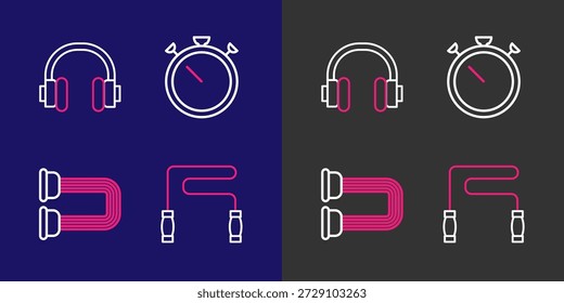 Fije la cuerda del salto de la línea, expansor del pecho, cronómetro y icono de los auriculares. Vector