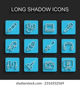 Fijar cuerda de salto de línea, flecha Dart, Lápiz con borrador, cámara fotográfica, Tv inteligente, crema de hielo, auriculares e icono de juguete Sword. Vector