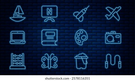 Set line Jump rope, Photo camera, Dart arrow, Book, Laptop, Toy boat, Palette and Smart Tv icon. Vector