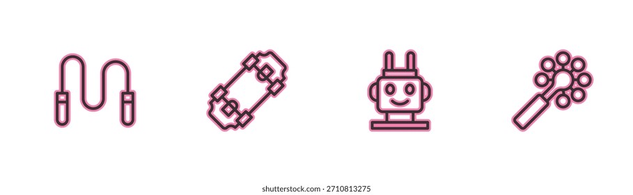 Definir linha Corda de salto, brinquedo robô, Skate e ícone bebê Rattle. Vetor