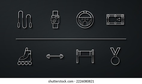 Set line Jump rope, Roller skate, Billiard table, Volleyball net, Barbell, Smart watch showing heart beat rate, Medal and Steering wheel icon. Vector