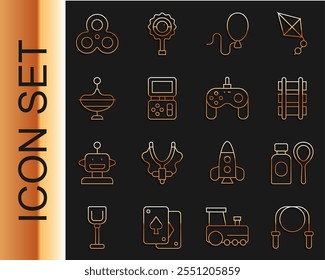 Set line Jump rope, garrafa de bolhas de sabão, Ferrovia de brinquedo, Balões, jogo eletrônico Tetris, brinquedo de redemoinho, spinner Fidget e ícone Gamepad. Vetor